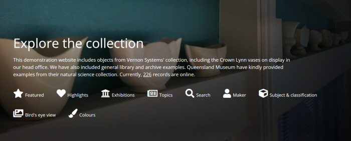 Screenshot of the homepage banner. Shows a heading, "Explore the collection". Includes a background image, introduction text, and icons and text links for different features of Vernon Browser.