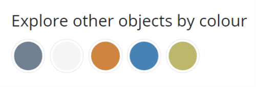 Screenshot of the colour swatch feature. Shows a heading, "Explore other objects by colour", and five colour swatches in slate gray, white smoke, peru, steel blue, and dark khaki.