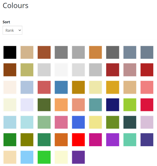 Screenshot of the colours list within Browser administration. Shows a heading, "Colours", a sorting feature set to "Rank", and 59 square colour swatches in a grid layout. 