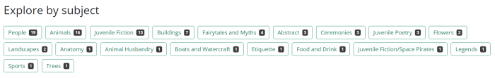 Screenshot of the explore component. Shows a heading, "Explore by subject", and tags including People, Animals, Juvenile Fiction, Buildings, and Fairytales and Myths.