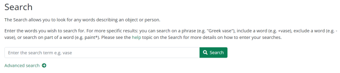 Screenshot of the search component. Shows a heading, "Search", plus introductory text, a search field and button, and an advanced search link.